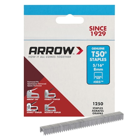 Arrow Fastener Heavy Duty Staples, 18 ga, Flat Crown, 5/16 in Leg L, Steel 50524